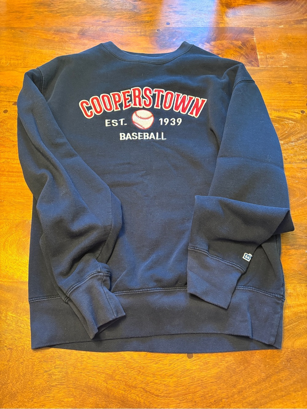 Navy Cooperstown Baseball Crewneck Sweatshirt with Embroidered Logo - Adult S